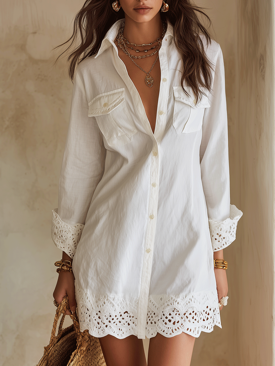 Odette™ Eyelet Hem Shirt Mini Dress