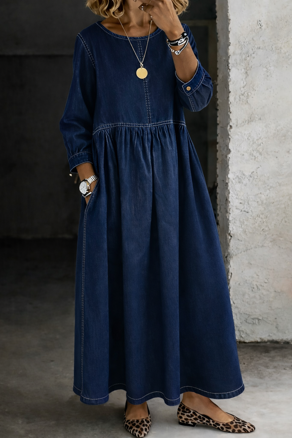Melissa | Round Neck Long Sleeve Denim Dress