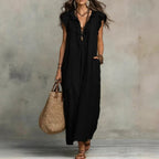 Josephine™ | Linen-Texture V-Neck Dress with Ruffles