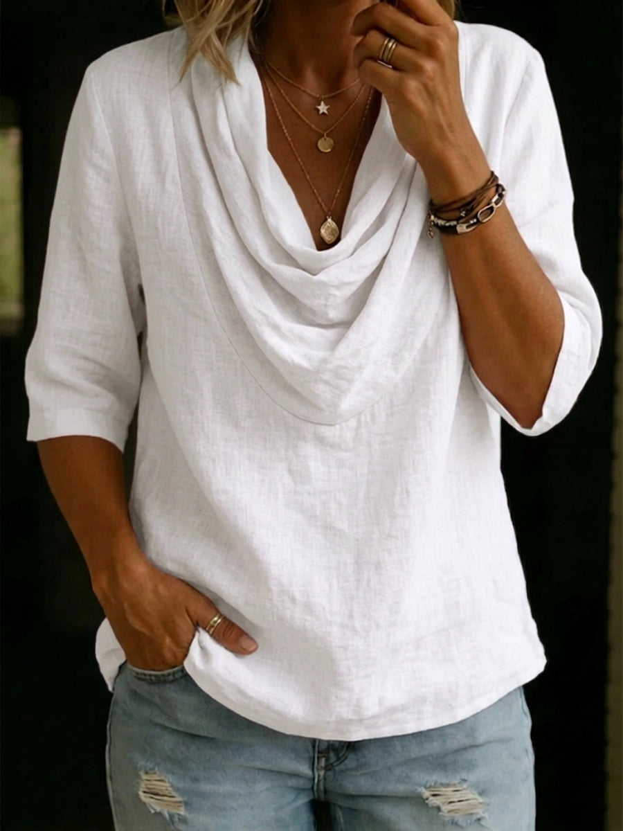 Women's Solid-color Swing-neck Casual Cotton-linen Shirt Top